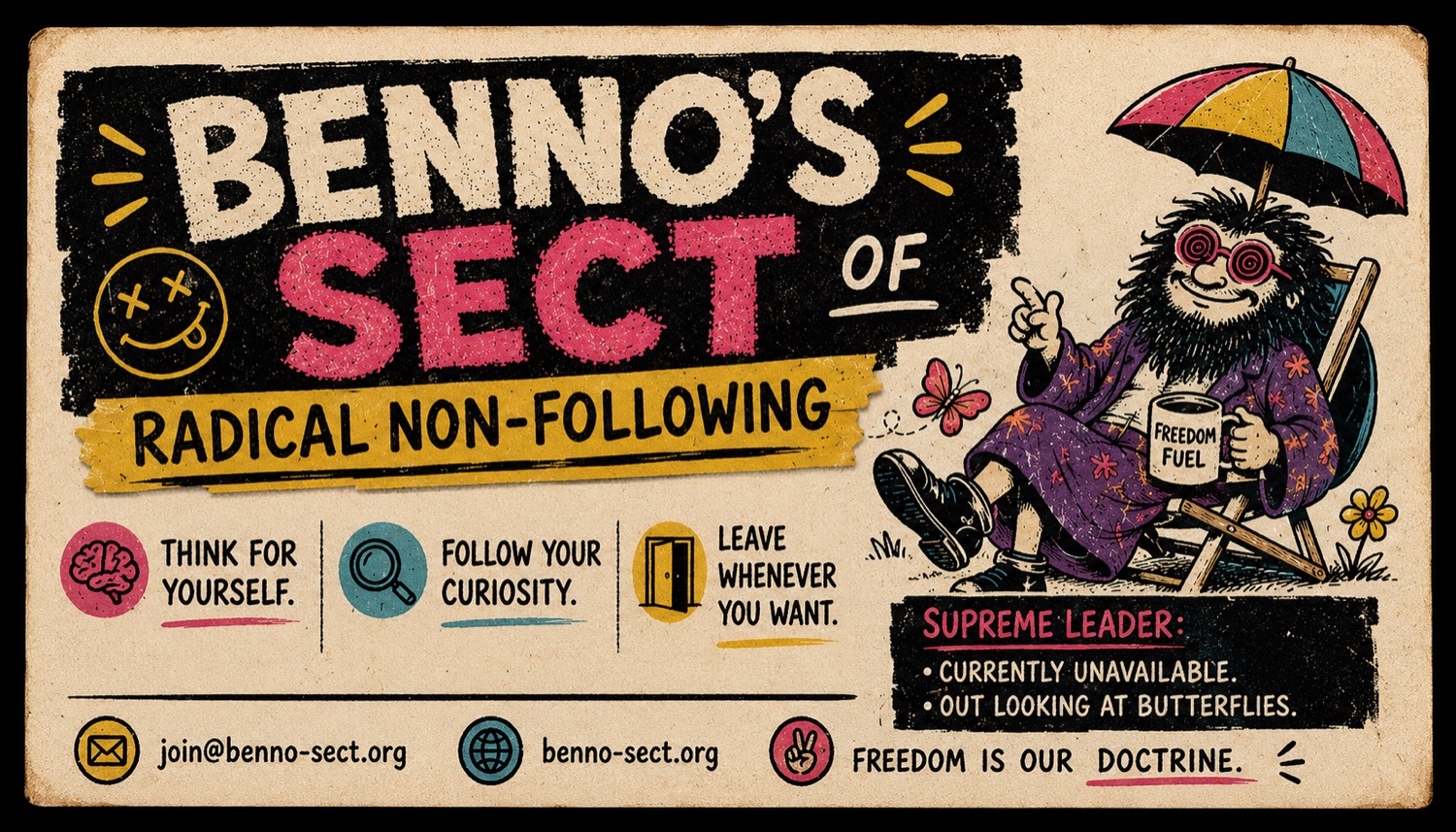 Benno's Sect business card with contact details and the Supreme Leader relaxing under an umbrella