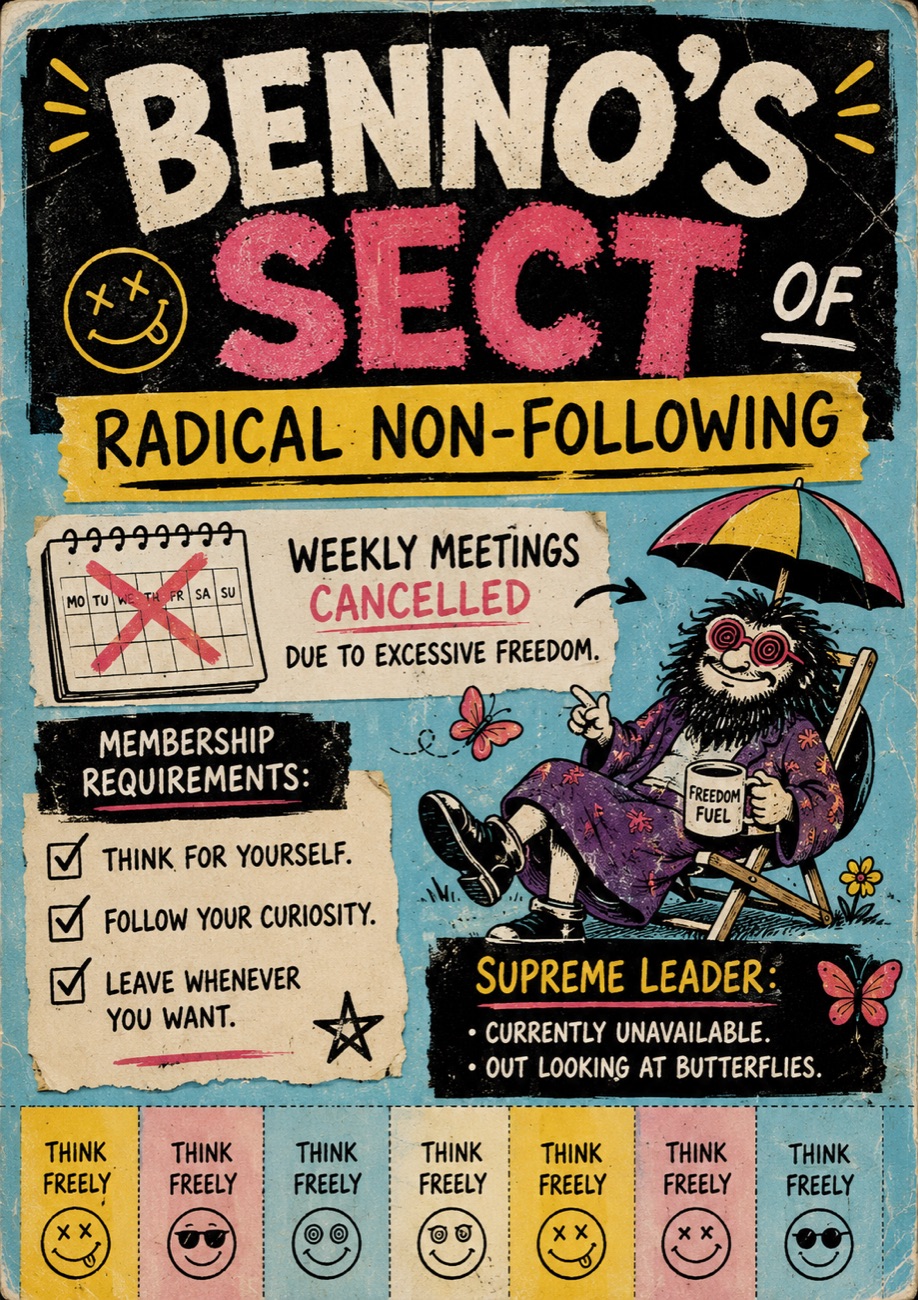 Vintage Benno's Sect poster: weekly meetings cancelled due to excessive freedom, membership requirements, and the Supreme Leader relaxing under an umbrella